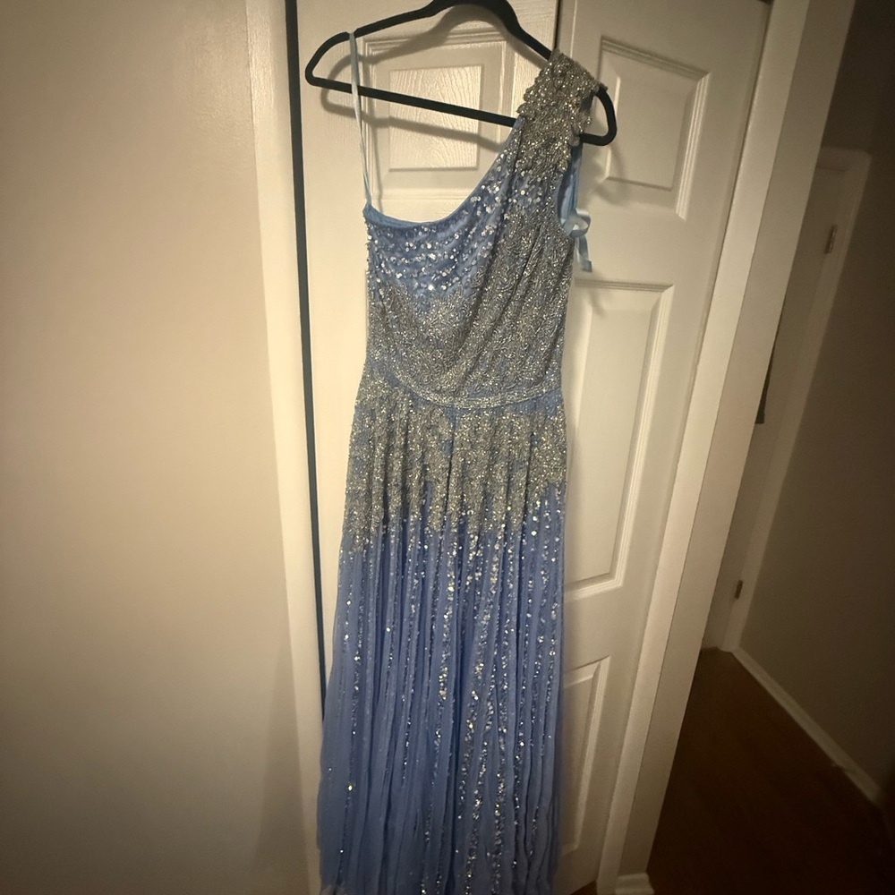 Mac Duggal Silver and Blue Sequin One Shoulder Gown - Picture 3 of 3